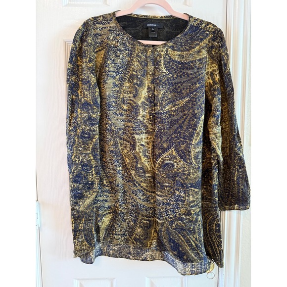 Lafayette 148 Silk Blouse L Navy Gold Abstract Paisley Tunic Quiet Luxury - Picture 2 of 9
